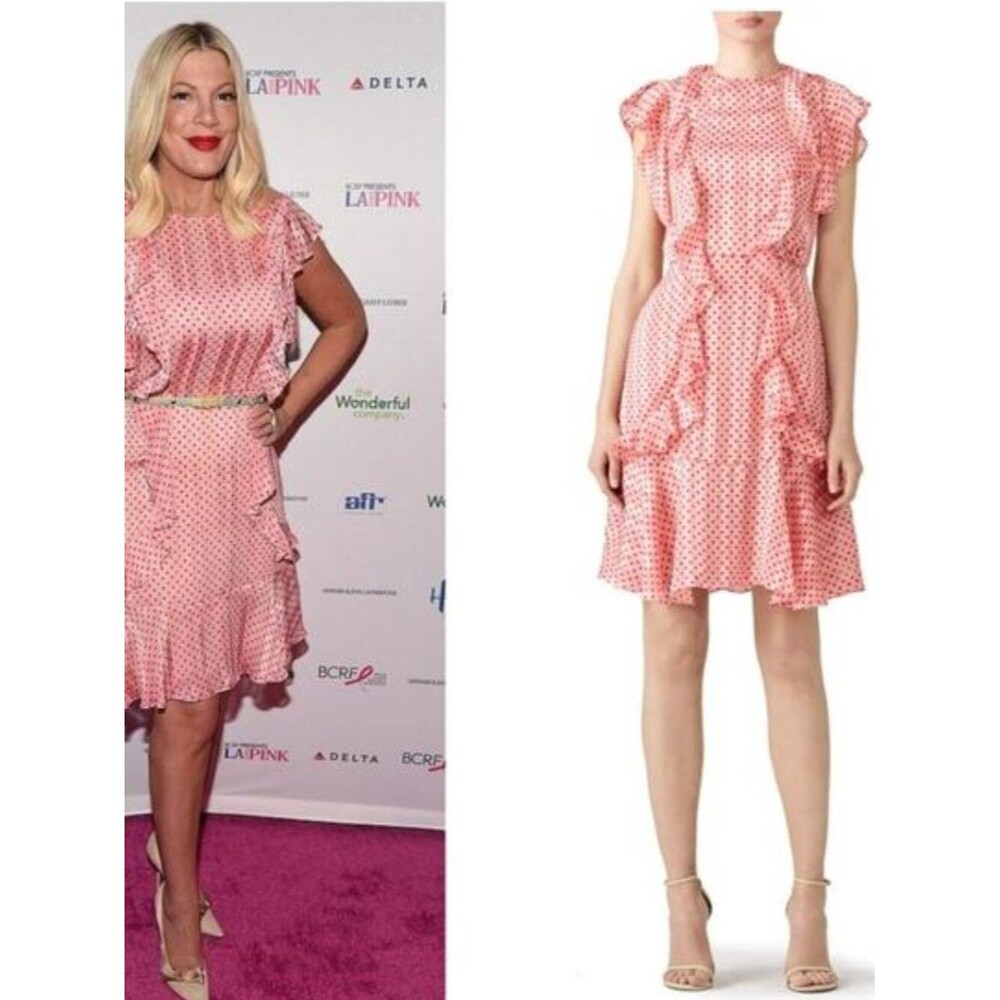 Monique Lhullier Chiffon Mini Dress Pink w/ Red Polka Dots Retro Dainty Ruffles - Picture 2 of 11